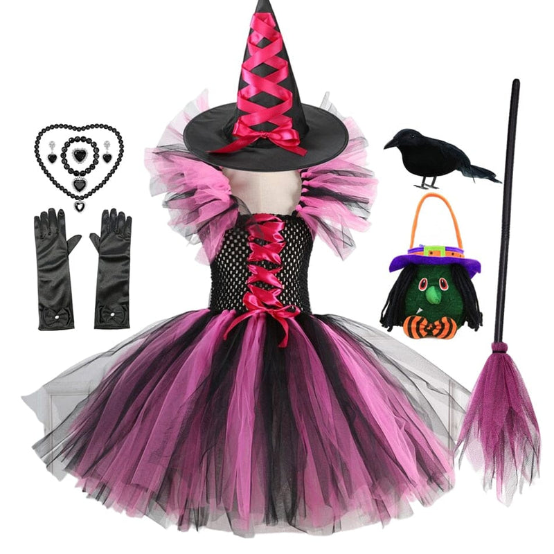 Fantasia Bruxinha Halloween Fantasia Bruxinha-fan-379 VF Villa Kids 2-3 Anos Vestido Rosa + Acessórios Completo 