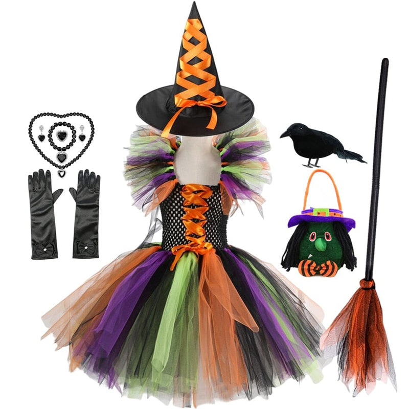 Fantasia Bruxinha Halloween Fantasia Bruxinha-fan-379 VF Villa Kids 2-3 Anos Vestido Colorido + Acessórios Completo 