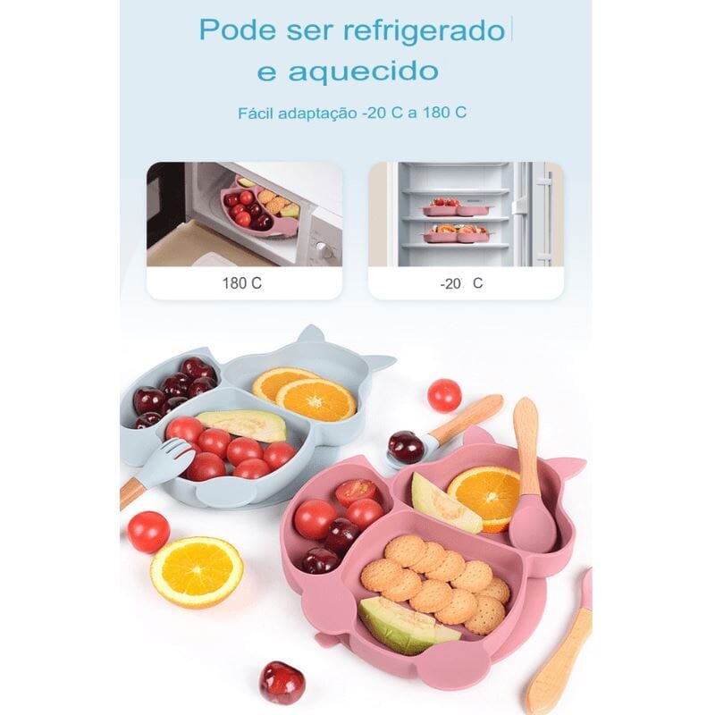 Kit 8 Pcs, Prato Formato Esquilo Com Ventosa, Babador, Conjunto Alimentação Para Bebê kit prato de silicone rosa-beb-322 VF Villa Kids 